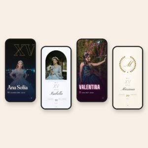 Cuatro diseños de invitación KC Basic para XV años en celulares